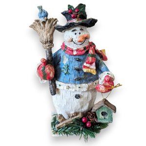 Resin Wood-like Winter Woodland Snowman with Broom, Bluebird and Birdhouse